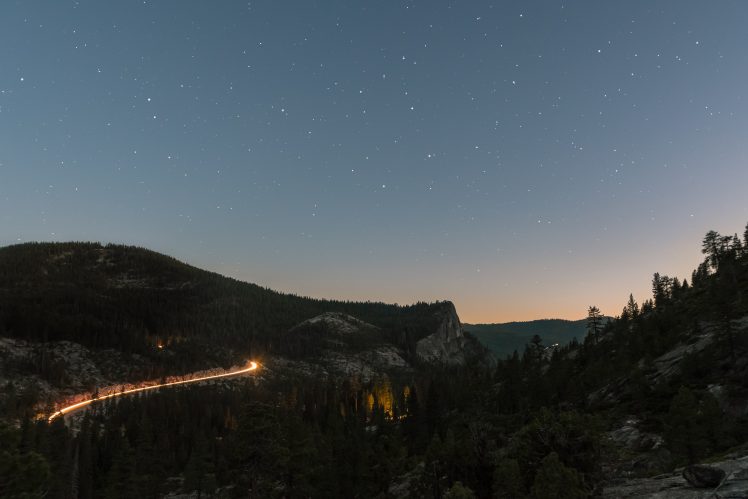 stars, Forest, Trees, Mountains, Light trails HD Wallpaper Desktop Background