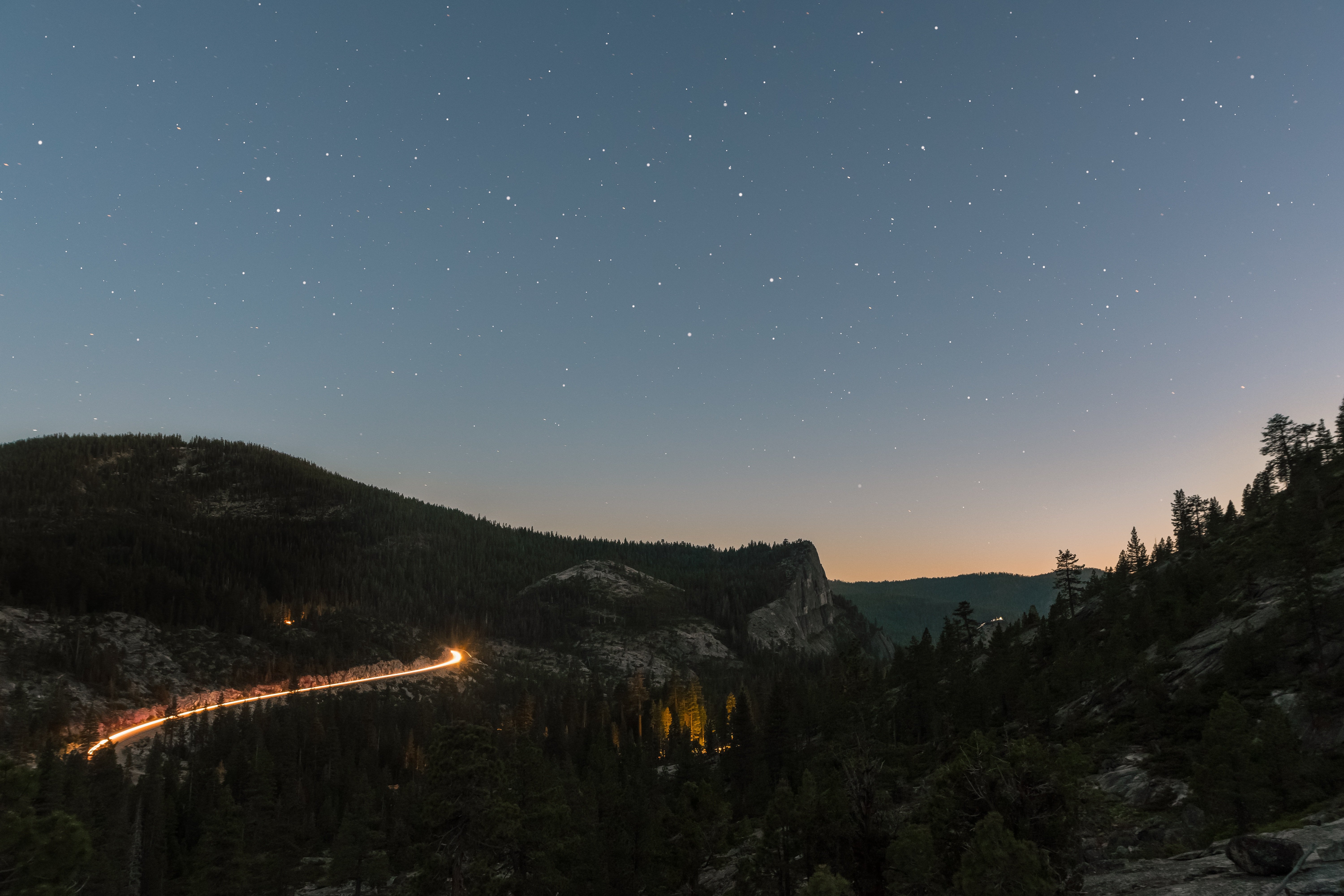 stars, Forest, Trees, Mountains, Light trails Wallpaper