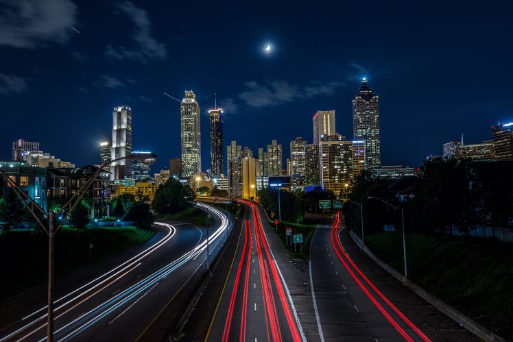 city, Lights, Road, Moon, Night, Car HD Wallpaper Desktop Background