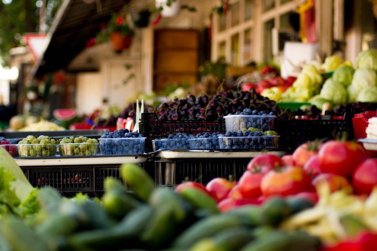 markets, City, Food, Vegetables, Fruit, Cherries, Blueberries, Tomatoes, Cucumber, Raspberries, Lettuce HD Wallpaper Desktop Background