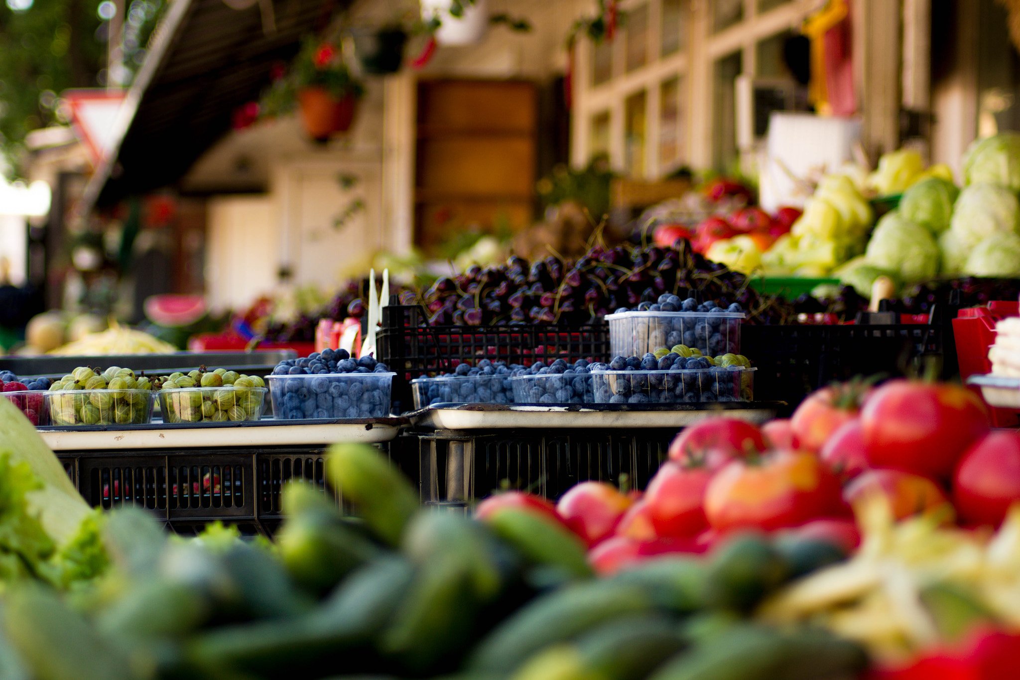 markets, City, Food, Vegetables, Fruit, Cherries, Blueberries, Tomatoes, Cucumber, Raspberries, Lettuce Wallpaper