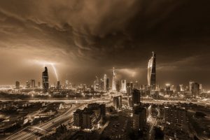 architecture, Building, City, Cityscape, Clouds, Kuwait City, Storm, Lightning, Skyscraper, Monochrome, Sepia, Night, Lights, Road, Light trails, Kuwait, Highway, Long exposure, Car
