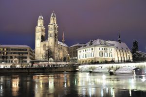 architecture, Building, City, Cityscape, Bridge, Cathedral, Zurich, Switzerland, Night, Lights, River, Reflection, Old building, Winter, Snow