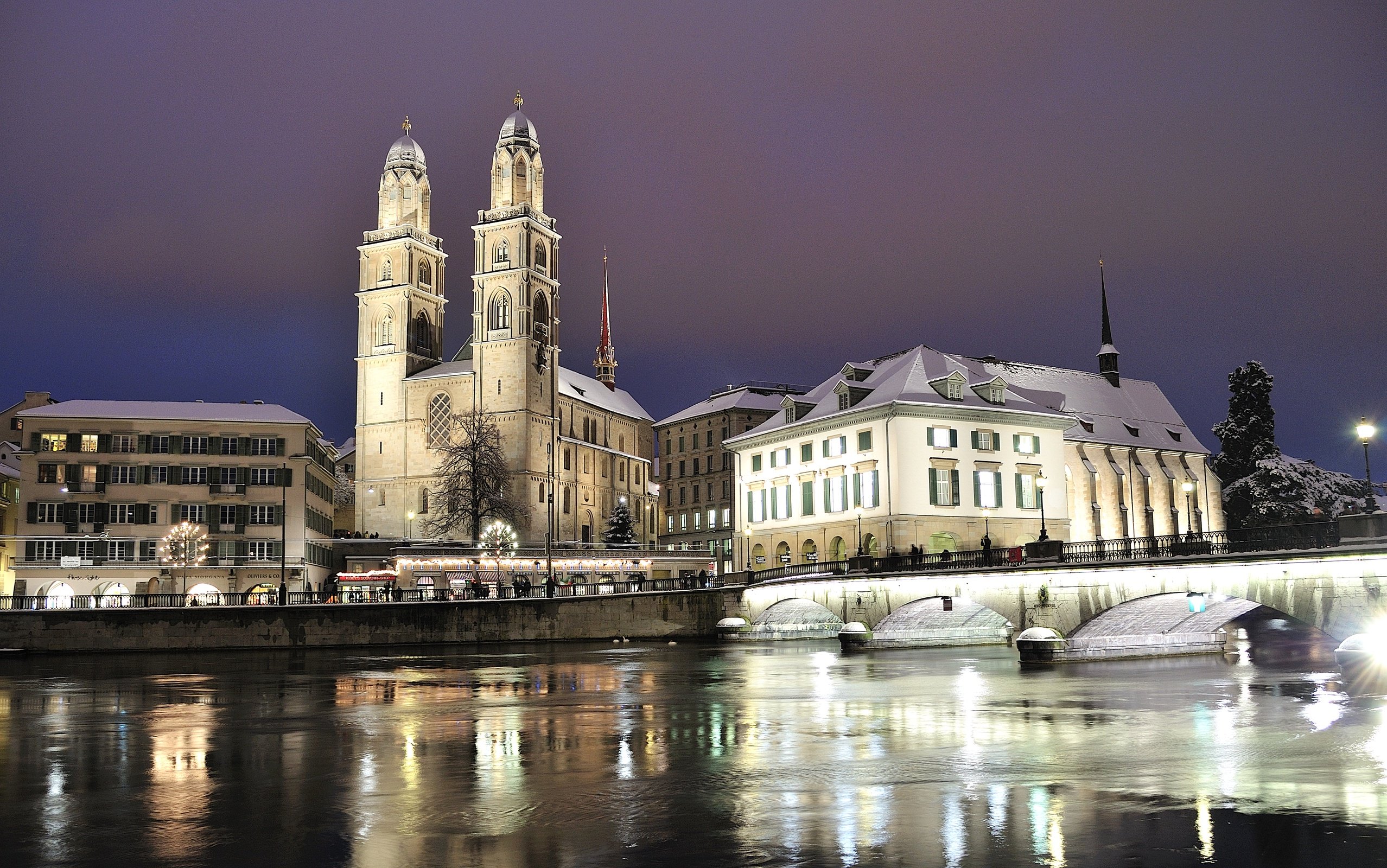 architecture, Building, City, Cityscape, Bridge, Cathedral, Zurich, Switzerland, Night, Lights, River, Reflection, Old building, Winter, Snow Wallpaper