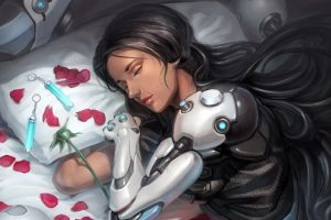 Overwatch, Symmetra (Overwatch), Video games, Red flowers, Petals, Sleeping