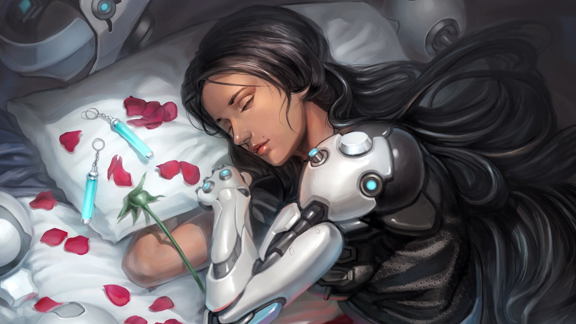 Overwatch, Symmetra (Overwatch), Video games, Red flowers, Petals, Sleeping Wallpaper