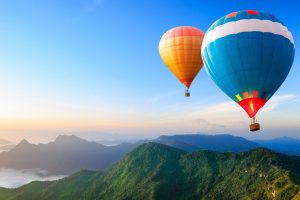 hot air balloons, Landscape, Nature, Mountains, Aerial view, Clouds, Sunset, Forest, Trees, Sky, Blue, Orange, Green, Vehicle