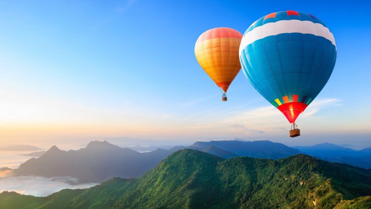 hot air balloons, Landscape, Nature, Mountains, Aerial view, Clouds, Sunset, Forest, Trees, Sky, Blue, Orange, Green, Vehicle HD Wallpaper Desktop Background