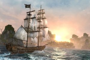 river, Ship, Sunrise, Assassins Creed: Black Flag