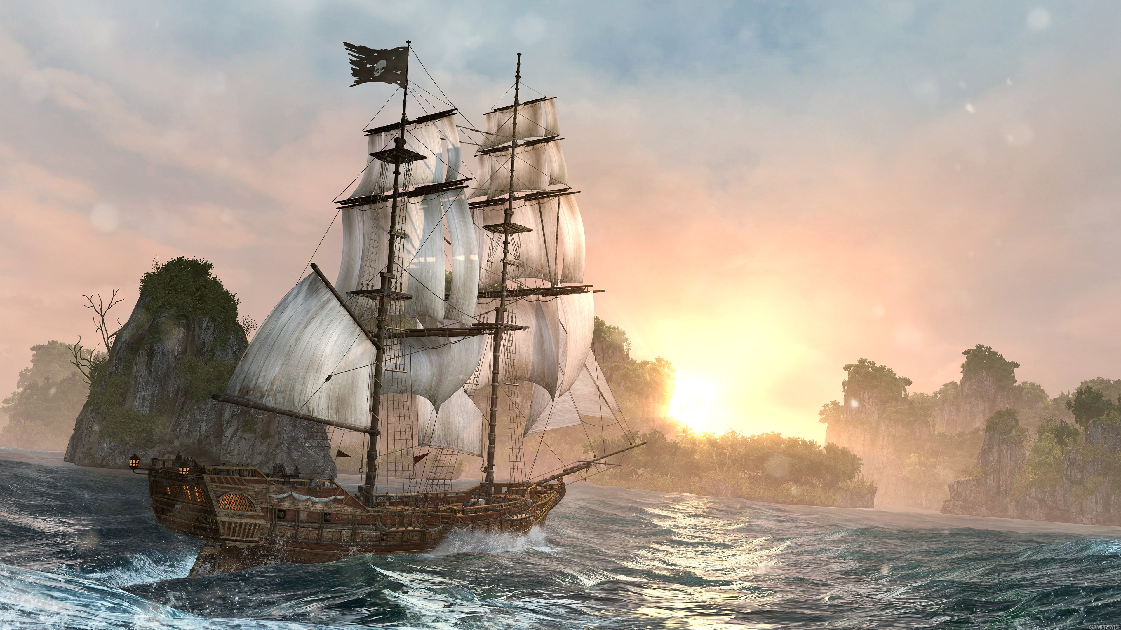 river, Ship, Sunrise, Assassins Creed: Black Flag Wallpaper