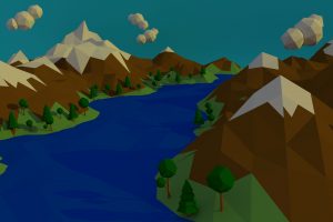 water, Mountains, Nature, Low poly, River, Trees, Snow