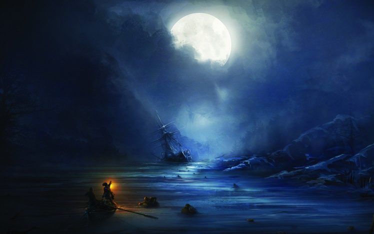 artwork, Concept art, Boat, Ship, Sailing ship, Sea, Moon, Moonlight, Shipwreck, Assassins Creed HD Wallpaper Desktop Background