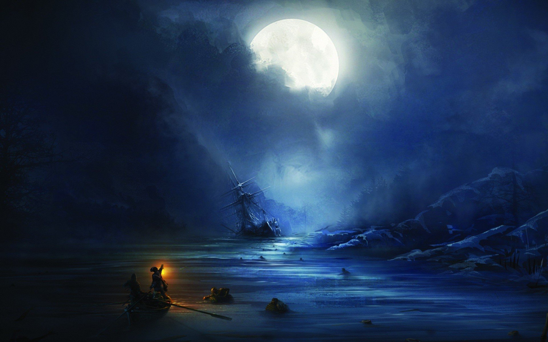 artwork, Concept art, Boat, Ship, Sailing ship, Sea, Moon, Moonlight