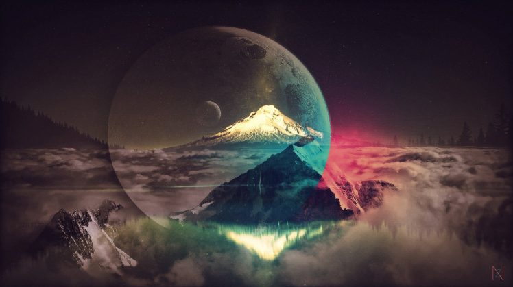artwork, Moon, Planet, Blue, Pink, Red, Water, Sky HD Wallpaper Desktop Background