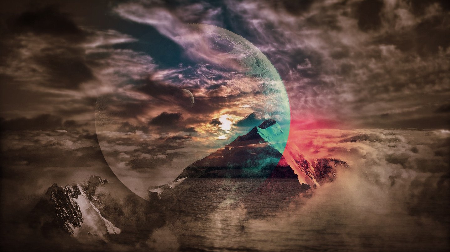 artwork, Moon, Planet, Blue, Pink, Red, Sky Wallpaper