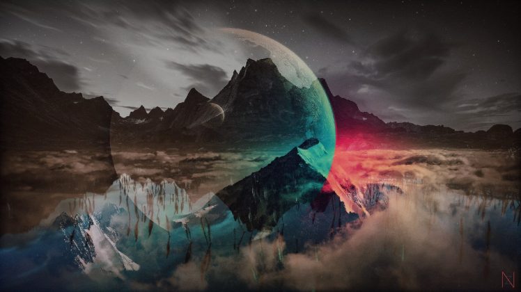 artwork, Moon, Planet, Blue, Pink, Red, Water, Sky HD Wallpaper Desktop Background