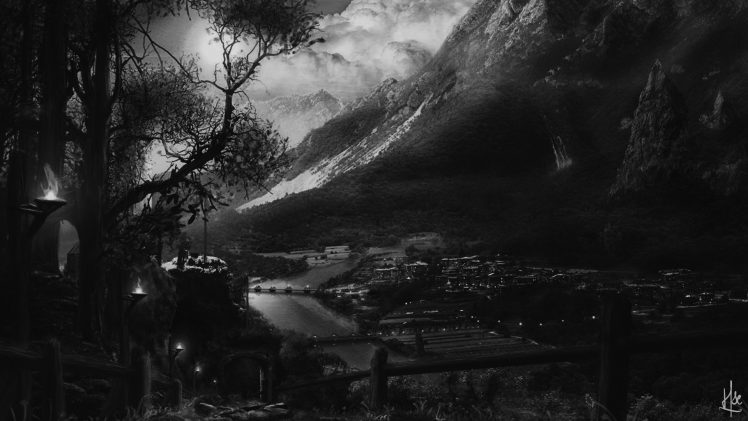 landscape, Pine trees, Mountains, Monochrome HD Wallpaper Desktop Background