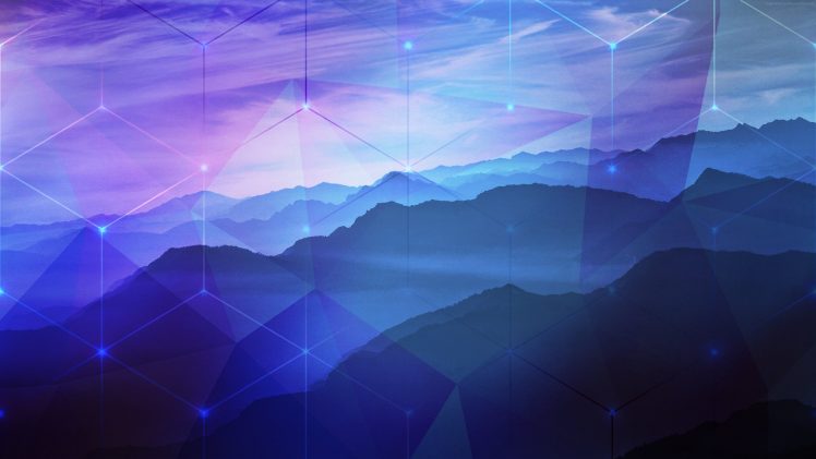 blue, Purple, Mountains, Hexagon, Photoshop, 2K, Peaceful, Nature HD Wallpaper Desktop Background