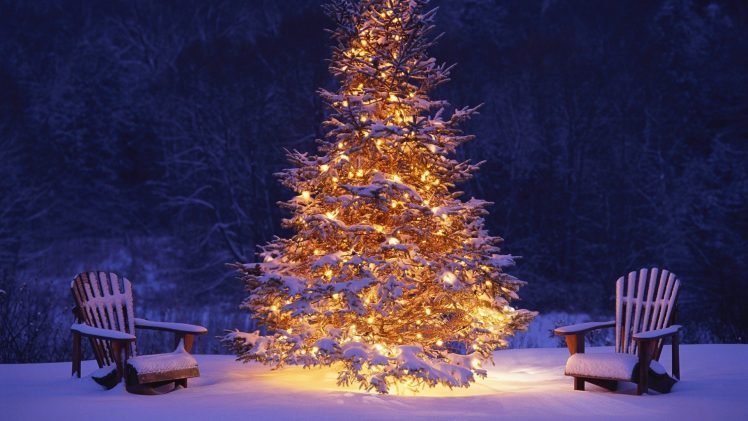 new, Year, Christmas, Christmas, Tree, Lights, Snow, Chair, Winter, Bokeh HD Wallpaper Desktop Background