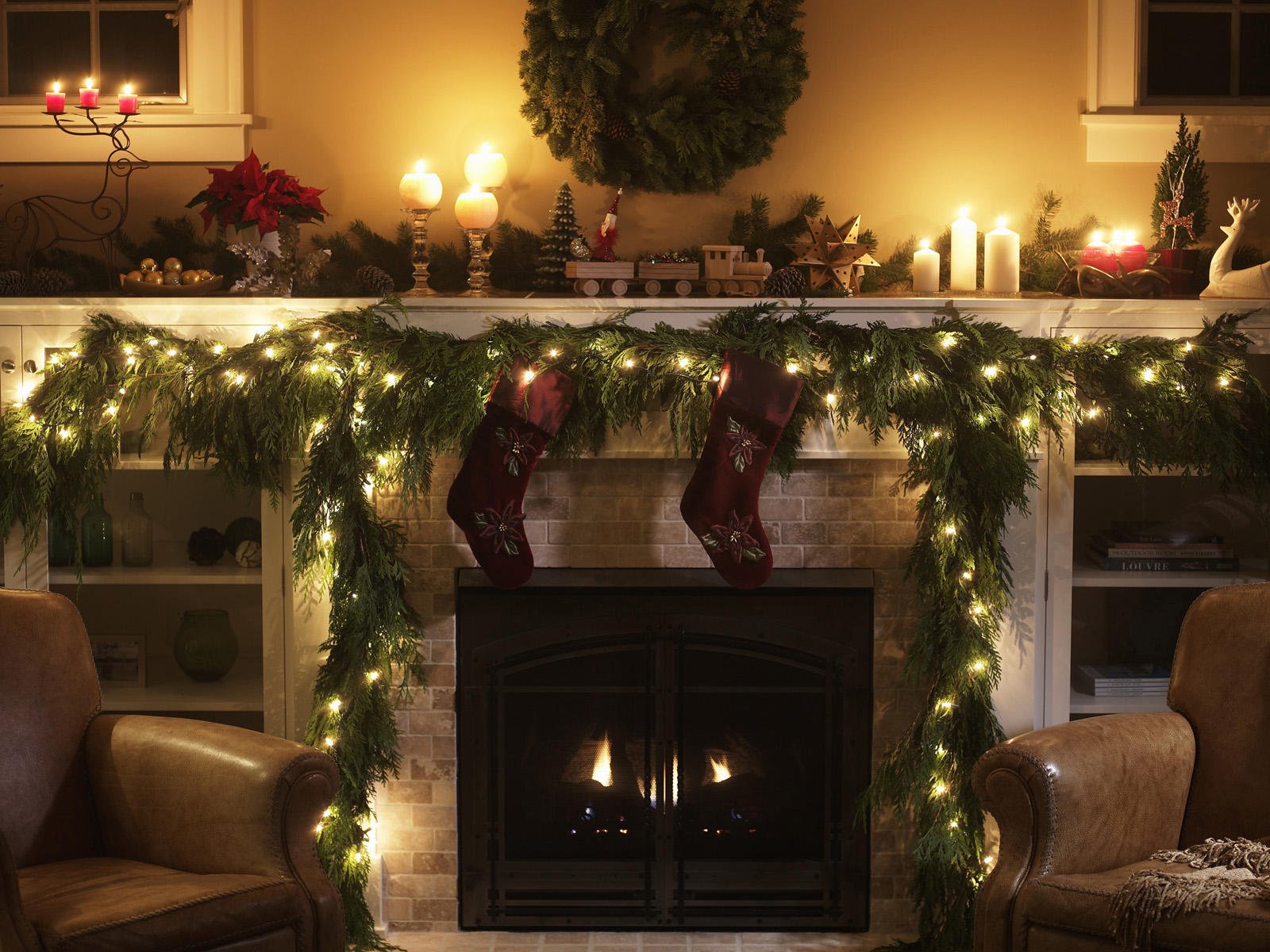 christmas, Fireplace, Fire, Holiday, Festive, Decorations, Candle Wallpaper