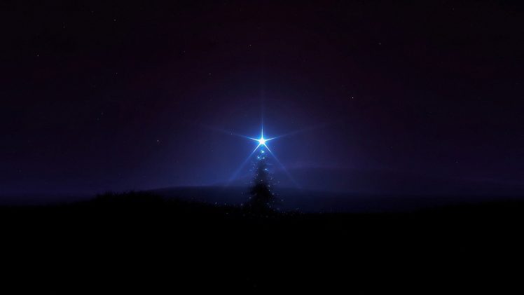 night, Stars, Christmas, Christmas, Trees, Glowing, Magic, Digital, Art, Glow, Skies HD Wallpaper Desktop Background