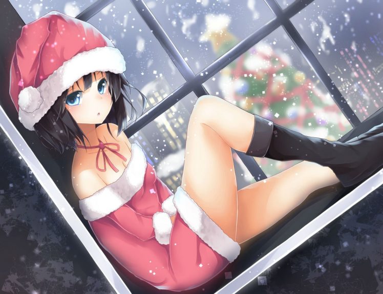 black Hair, Blue Eyes, Christmas, Hat, Kneehighs, Mizushina, Minato, Original, Ribbons, Santa, Costume, Santa, Hat, Short, Hair, Snow, Tree, Winter HD Wallpaper Desktop Background