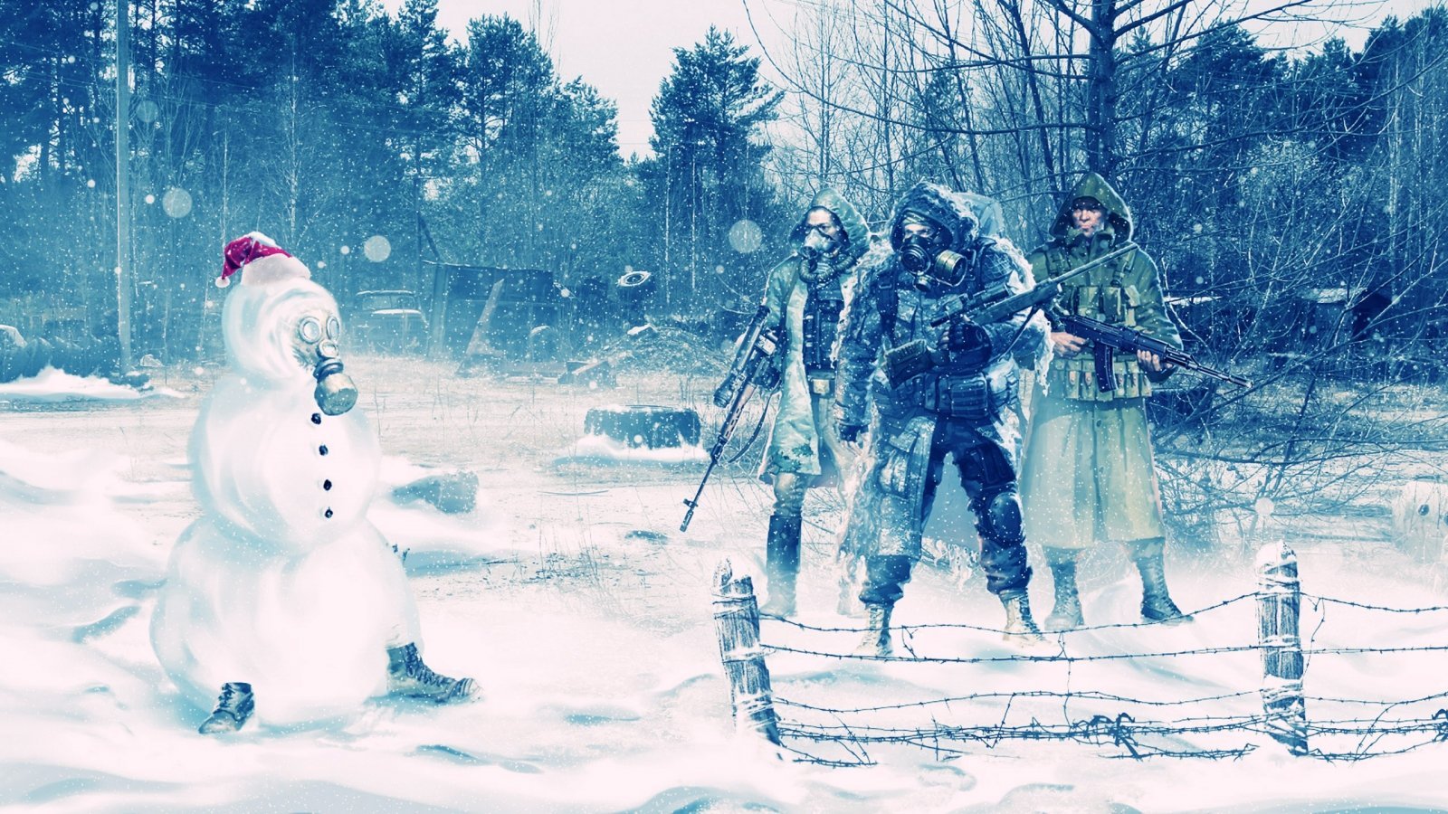 stalker, Snowman, Snow, Winter, Gas, Mask, Christmas, Humor, Warriors, Soldiers, Videogames Wallpaper