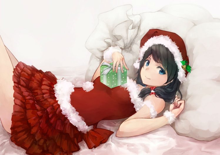 blue Eyes, Christmas, Hat, Original, Santa, Costume, Santa, Hat, Skirt, Wristwear, Yashigaras HD Wallpaper Desktop Background