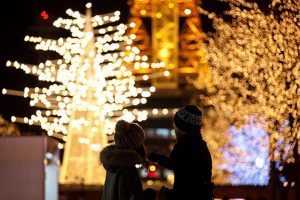 christmas, Tree, Lights, Ornaments, Couple
