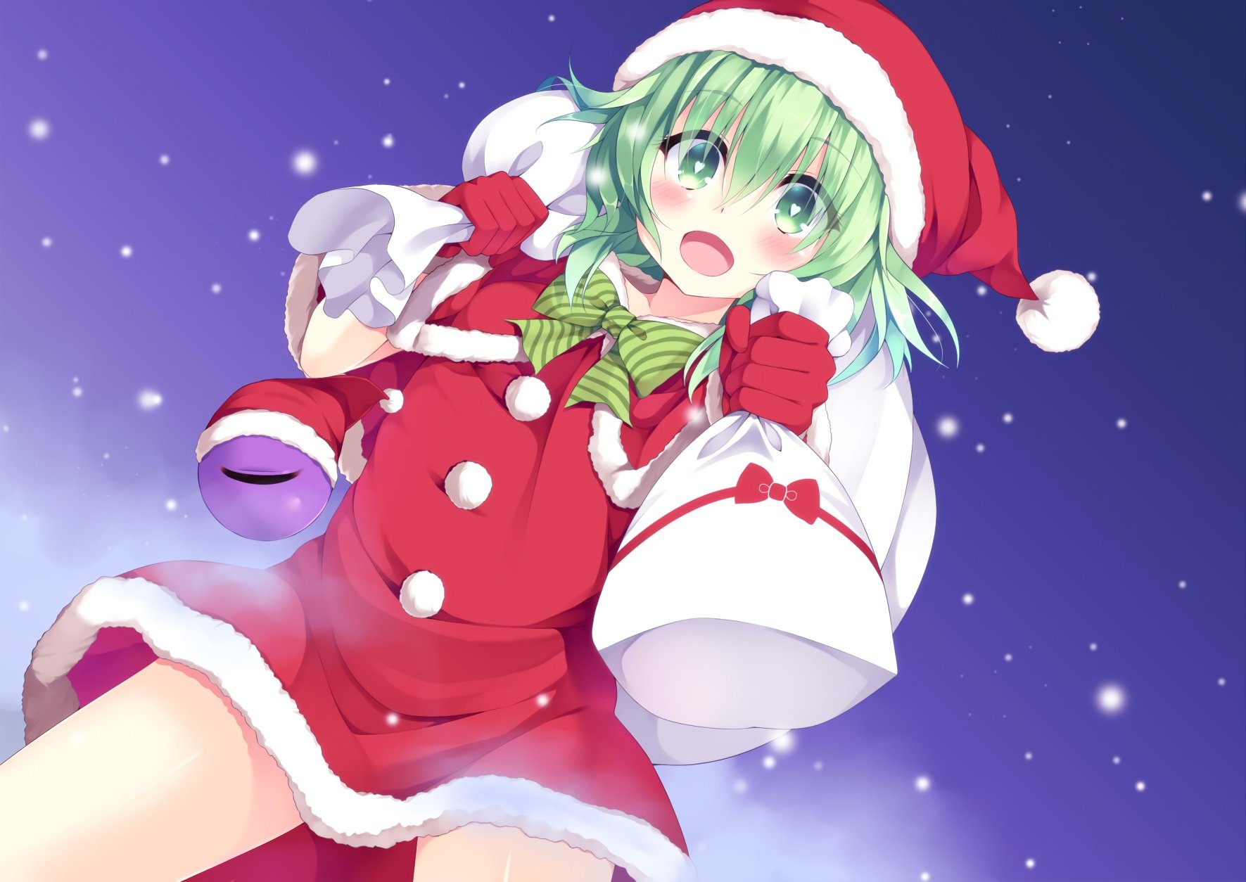 blush, Christmas, East01, 06, Green Eyes, Green Hair, Hat, Komeiji, Koishi, Santa, Costume, Santa, Hat, Short, Hair, Snow, Touhou Wallpaper