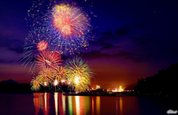 fireworks, City, Lights, Night, Lake HD Wallpaper Desktop Background