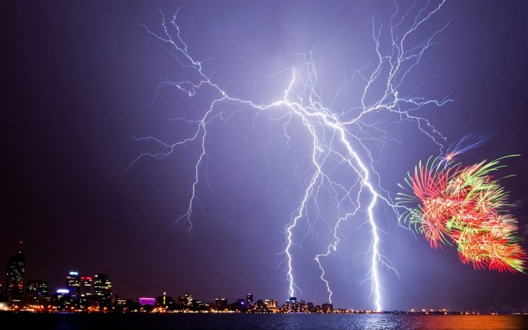 lightning, Fireworks, Night, City, New Year, July, 4th, Storm, City HD Wallpaper Desktop Background