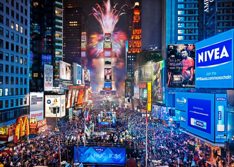 times, Square, New, York, Usa, City, Cities, Neon, Lights, Traffic, Crowd, People, New Year, Fireworks HD Wallpaper Desktop Background
