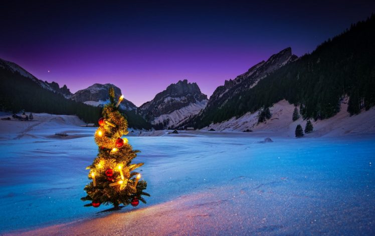 crismas, Tree, New Year, Light, Balls, Snow, Mounatin, Winter, Holiday HD Wallpaper Desktop Background