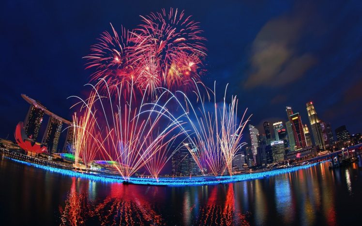 singapore, Night, Holiday, Fireworks, Fireworks, New Year, Water, Metropolis, Marina, Bay, Sands HD Wallpaper Desktop Background
