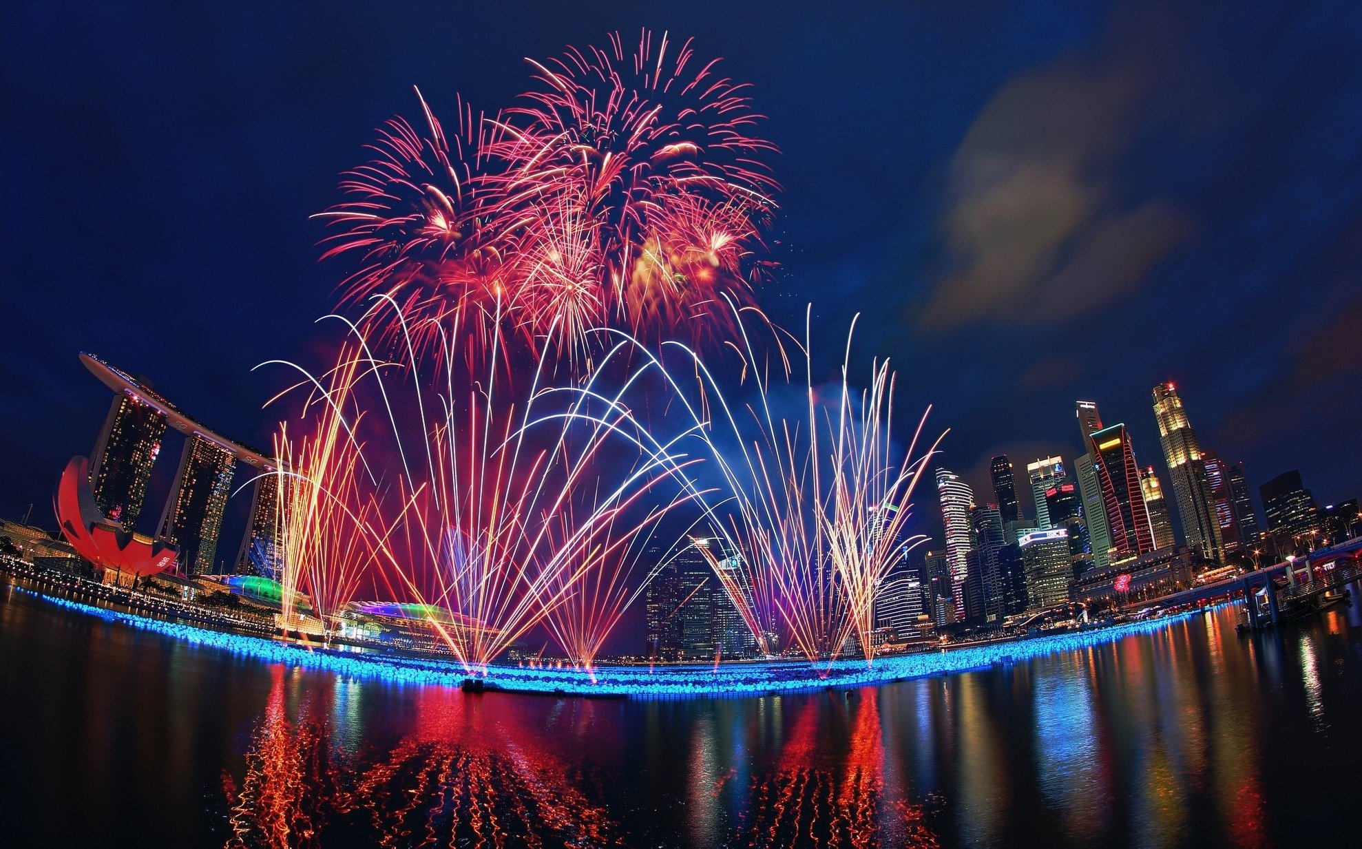 singapore, Night, Holiday, Fireworks, Fireworks, New Year, Water