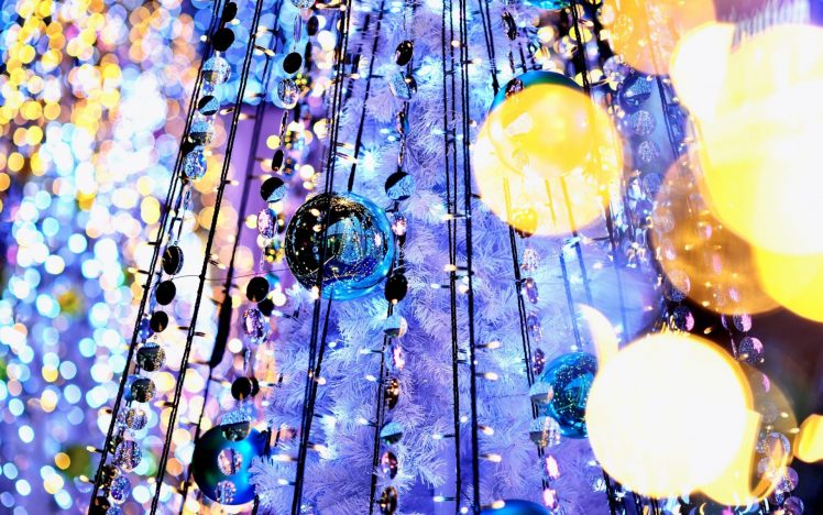 garland, Balls, Tree, Reflection, Light, Bokeh, Lights, Holiday HD Wallpaper Desktop Background
