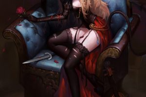 fantasy art, Rose, Crown, Demon, Tail, Horns