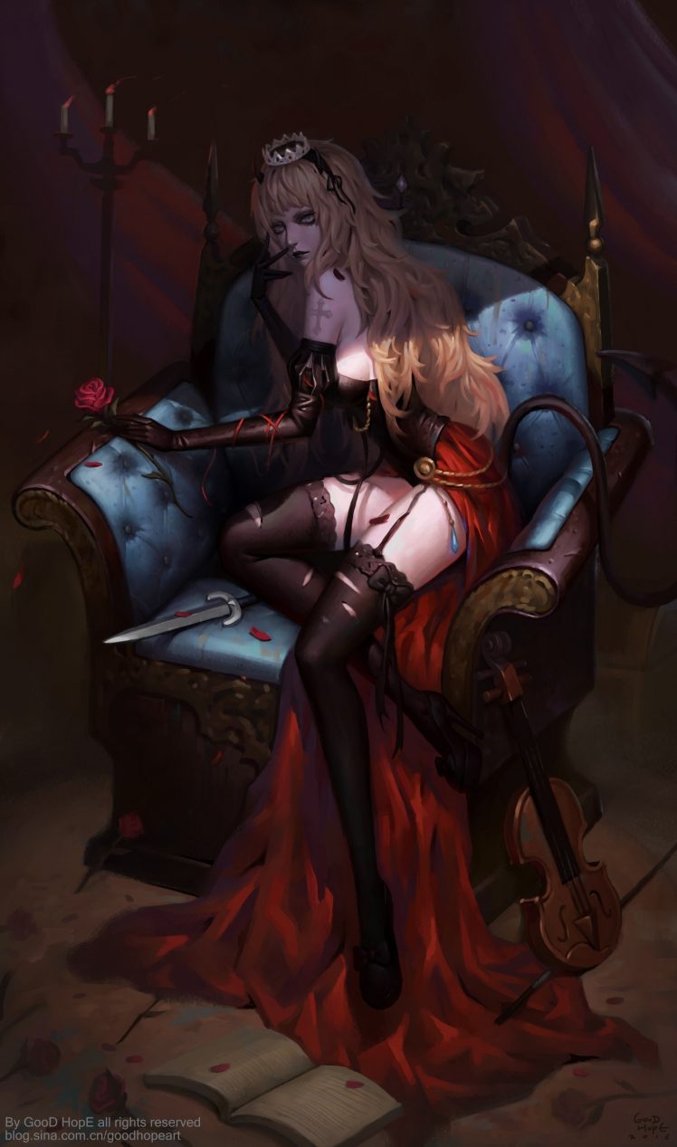 fantasy art, Rose, Crown, Demon, Tail, Horns HD Wallpaper Desktop Background
