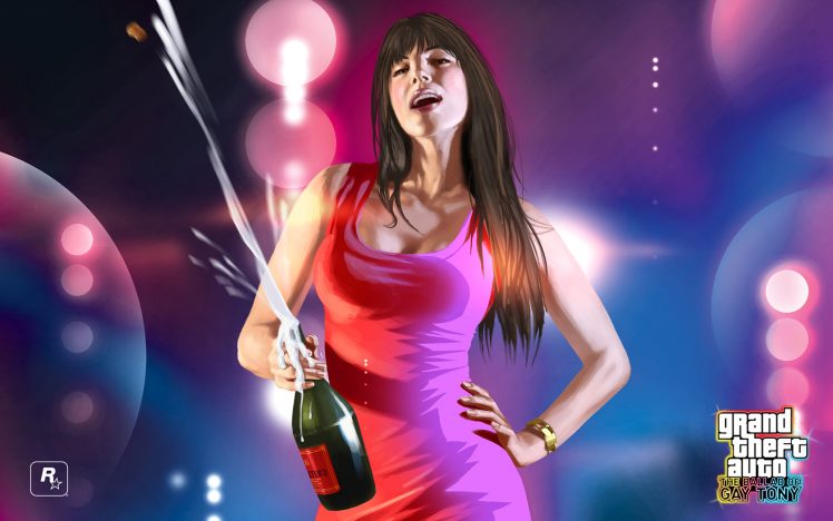 women, Video games, Grand Theft Auto V, Champagne, Pink dress HD Wallpaper Desktop Background