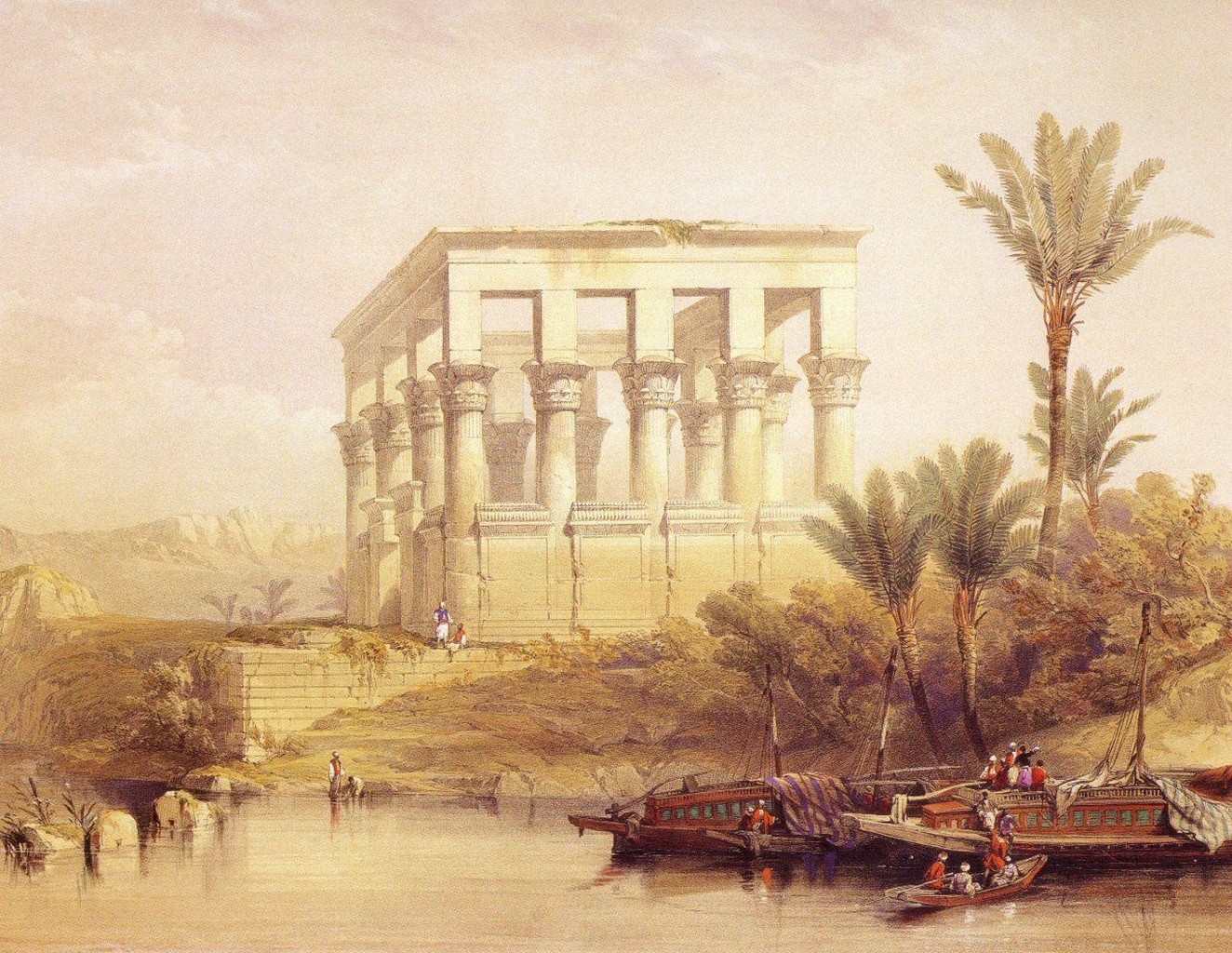 David Roberts, Egypt, Painting, Boat, Palm trees Wallpaper