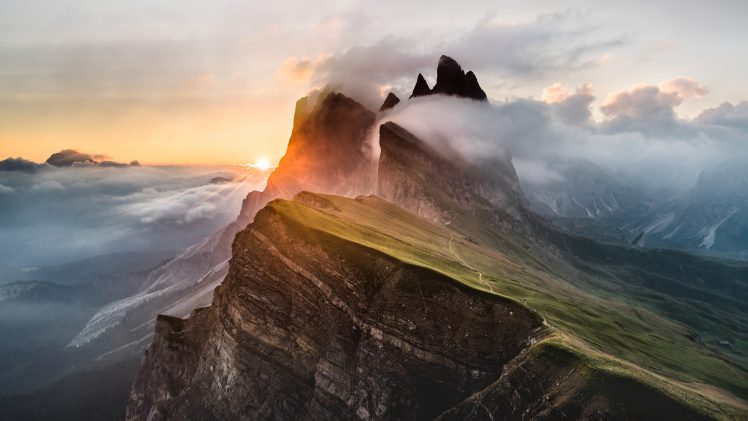 mountains, Landscape, Sunlight, Clouds, Depth of field, Sunrise HD Wallpaper Desktop Background