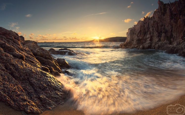 water, Sea, Waves, Rock, Sunlight, Sunset, Corsica, Landscape, Nature, Sky HD Wallpaper Desktop Background