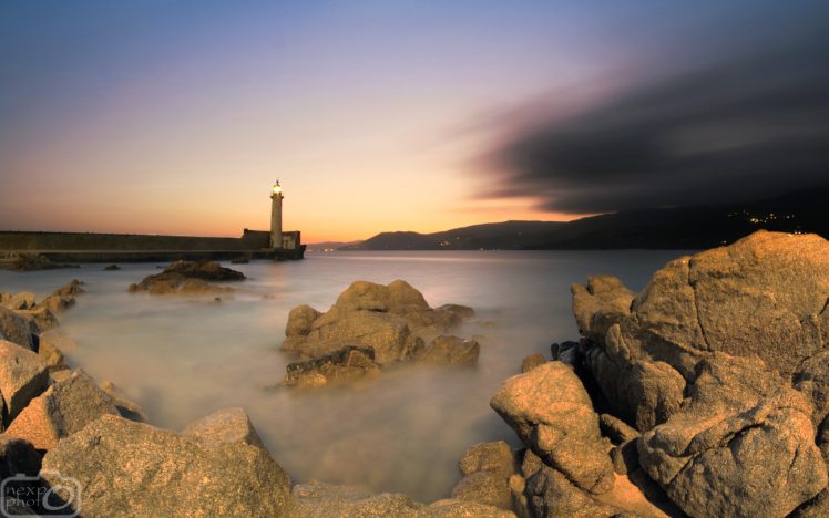 lighthouse, Sea, Water, Sunset, Sky, Clouds, Rock, Nature, Landscape, Corsica HD Wallpaper Desktop Background