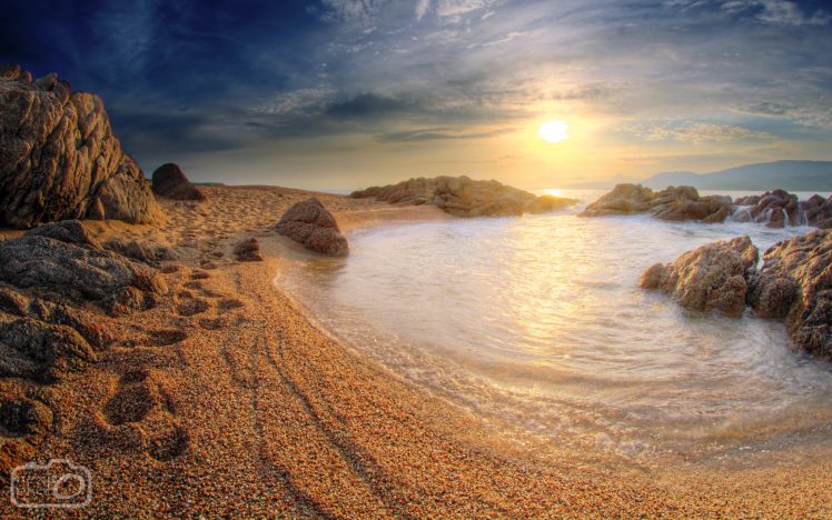 beach, Sea, Water, Sand, Sun, Sunlight, Sunset, Sky, Nature, Landscape, Clouds HD Wallpaper Desktop Background