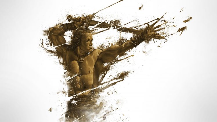 Arnold Schwarzenegger, Conan the Barbarian, Digital art, Vector, Fantasy art, Shirtless, Sword, White  background HD Wallpaper Desktop Background