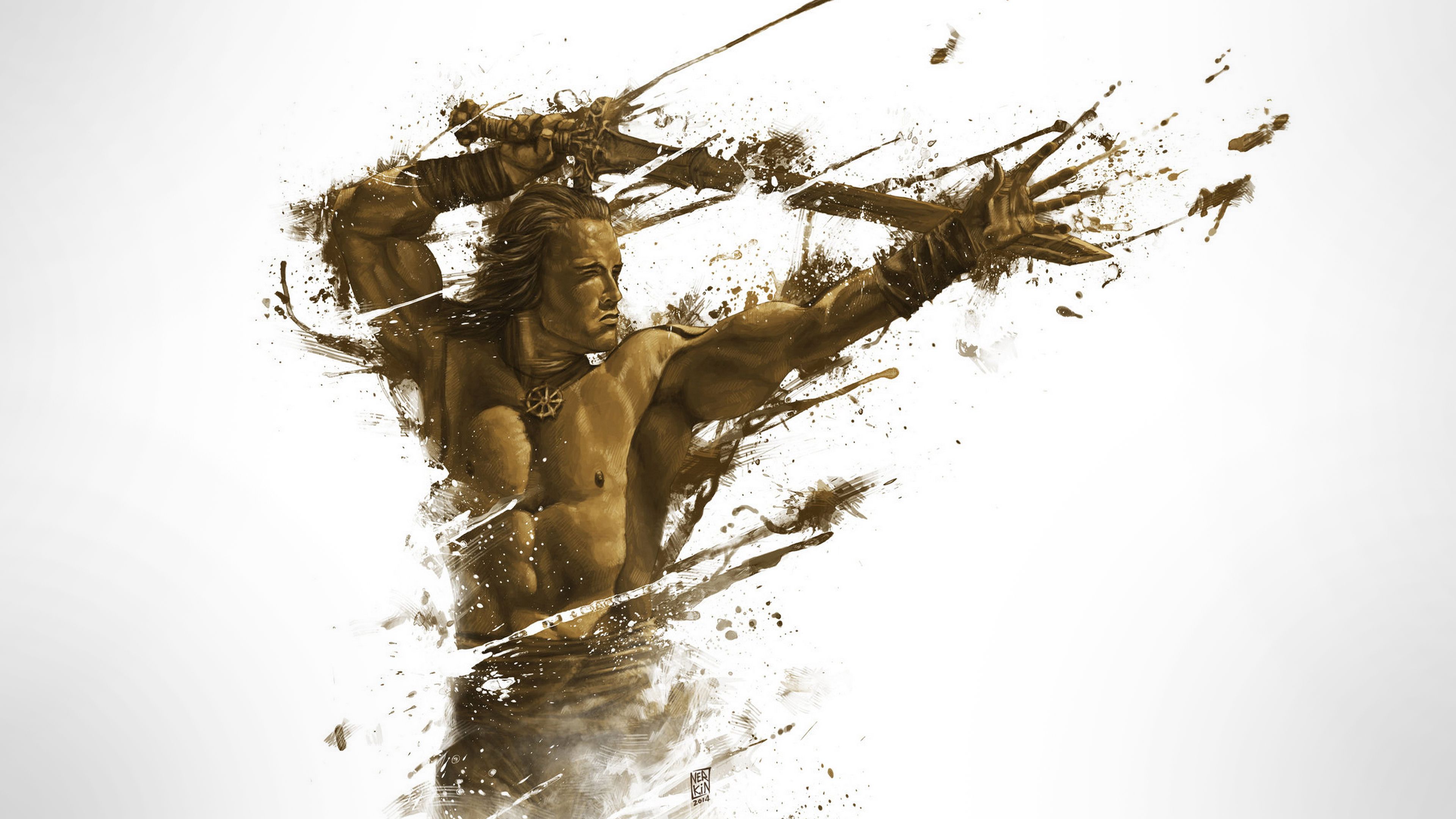 Arnold Schwarzenegger, Conan the Barbarian, Digital art, Vector, Fantasy art, Shirtless, Sword, White  background Wallpaper