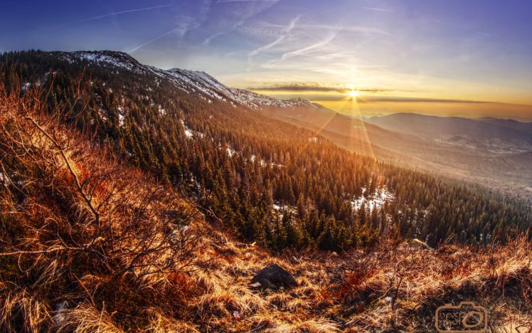 mountains, Sun, Sunlight, Sunrise, Winter, Snow, Sky, Clouds, Trees, Poland HD Wallpaper Desktop Background