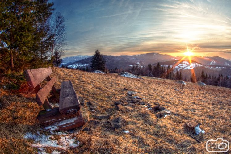mountains, Bench, Spring, Poland, Sun, Sunlight, Sunset, Landscape HD Wallpaper Desktop Background