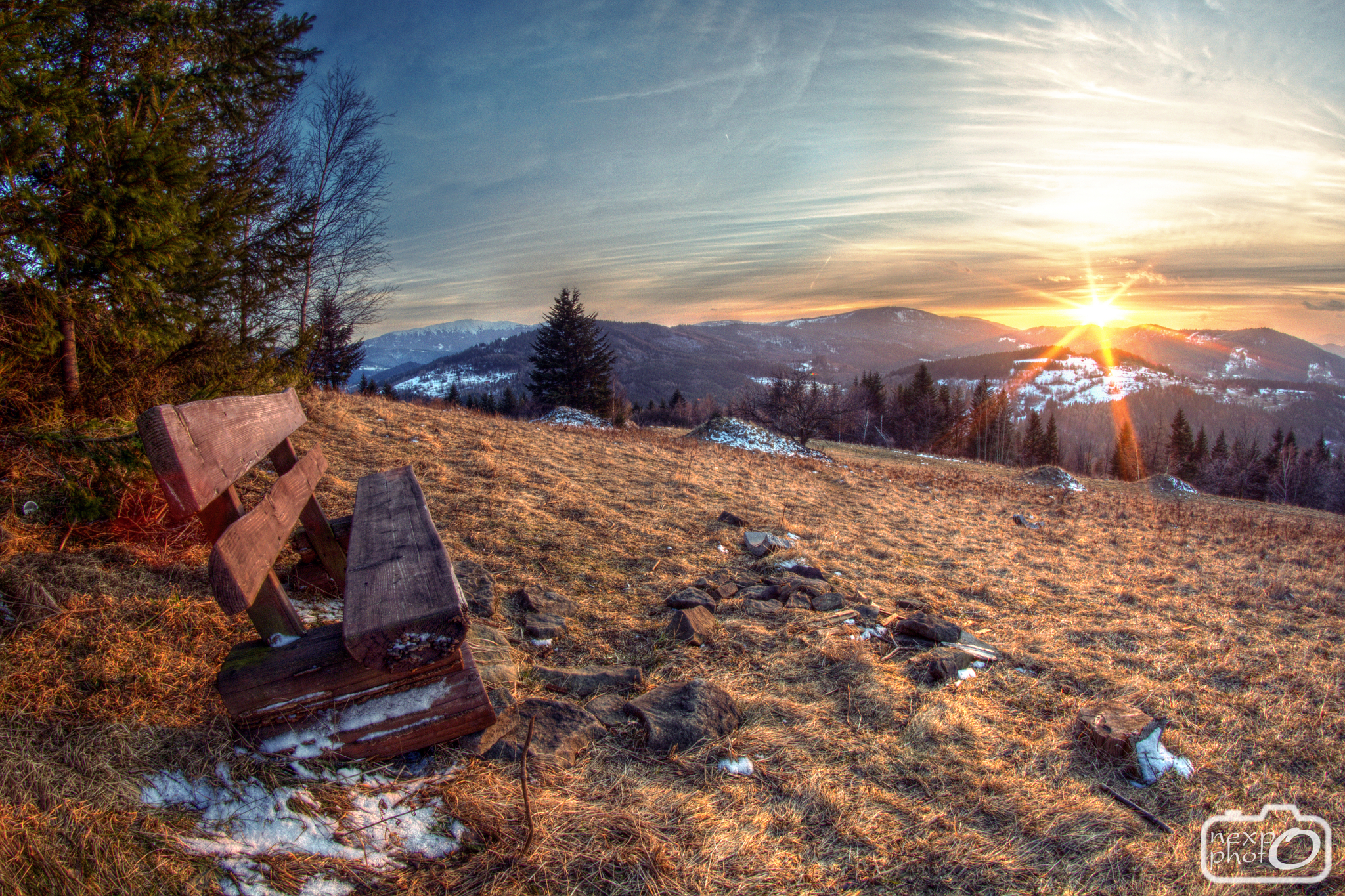 mountains, Bench, Spring, Poland, Sun, Sunlight, Sunset, Landscape Wallpaper